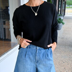 KLD Long-Sleeve Rolled Hem Boxy Knit Top in Black