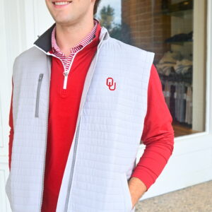 JOHNNIE-O Crosswind Quilted Performance Vest with OU Emblem in Seal