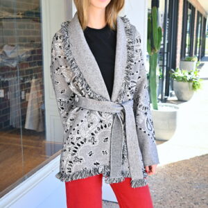 REGINO Jenny Fringed & Belted Jacquard Paisley Cardigan in Grey