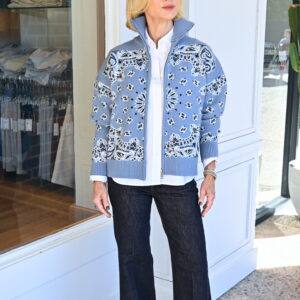 Regino Alina Zipped Jacquard Paisley Cardigan in Blue