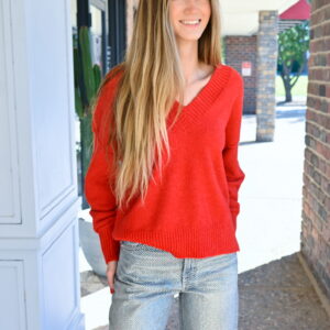 KLD Long-Sleeve V-Neck Boxy Sweater in Red