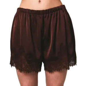 LE LIS Elastic Waist Mid Rise Lace Trim Shorts in Chocolate